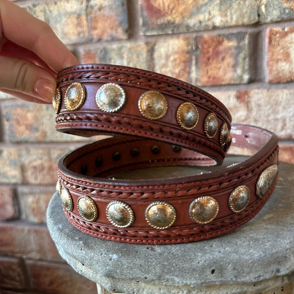 Nocona Brown Hand Tooled Leather Concho Western Belt 38 2415854-38